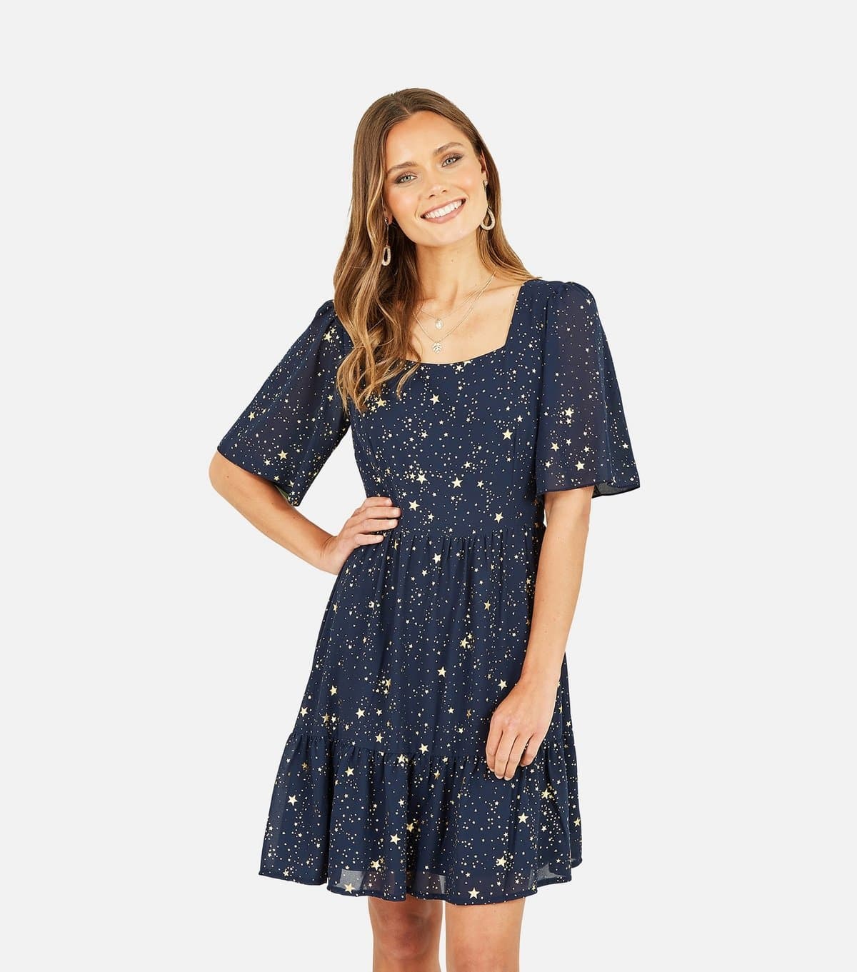 Yumi Women's Navy Foil Star Mini Dress Yumi New Look
