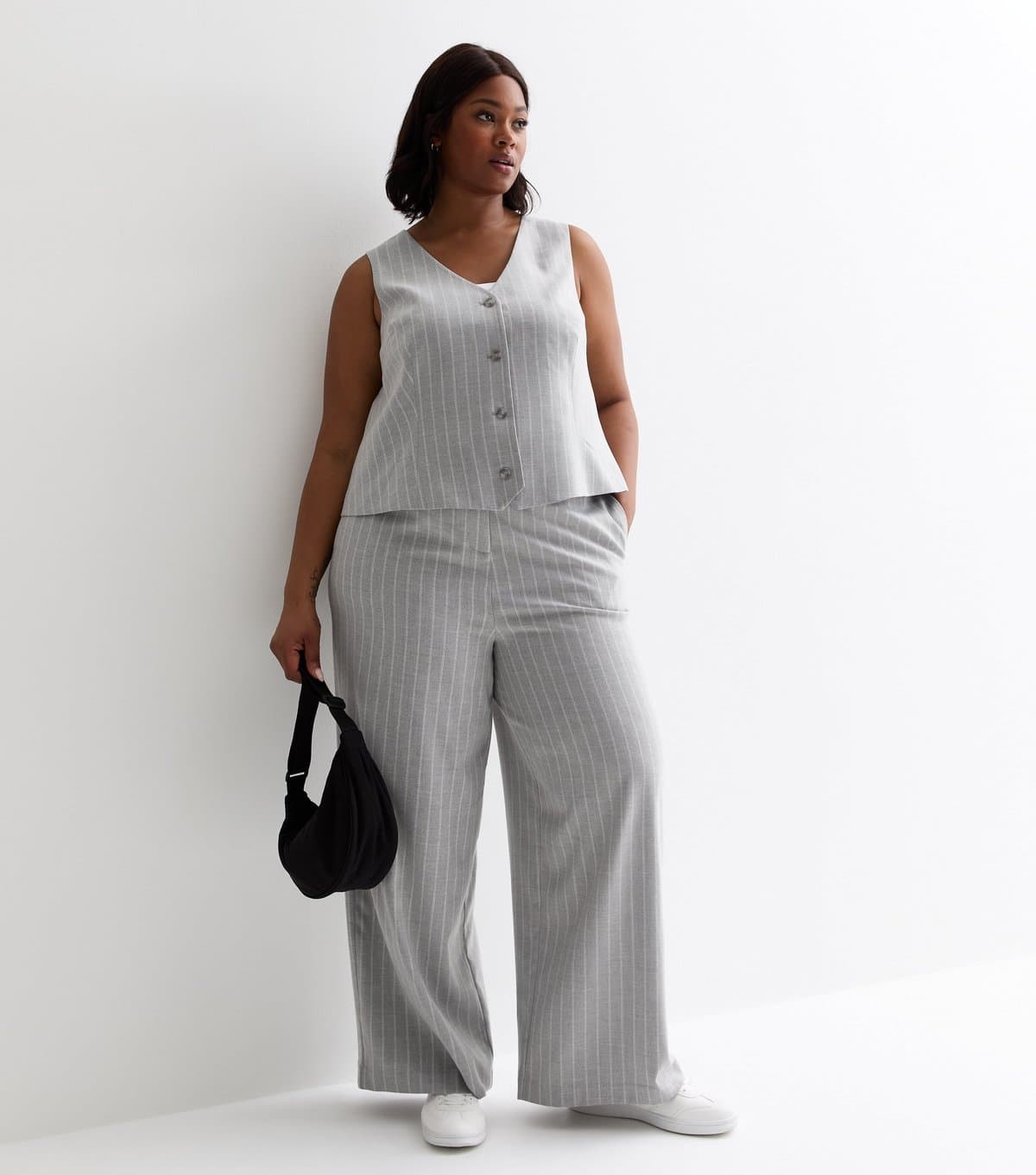 New Look Women's Plus Size Light Grey Stripe Wide Leg Trousers Curves New Look