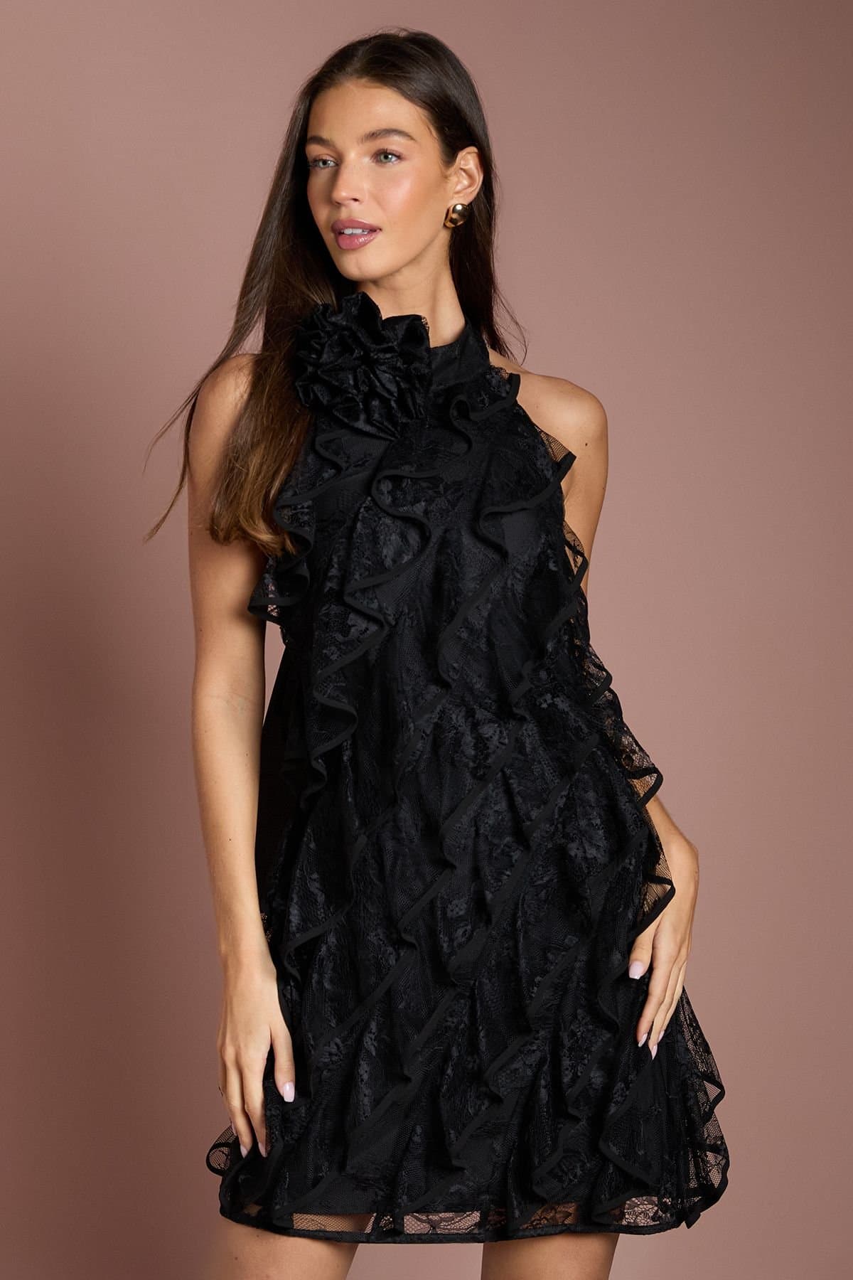 Coast Coast Women's Lace Frill Mini Dress in Black