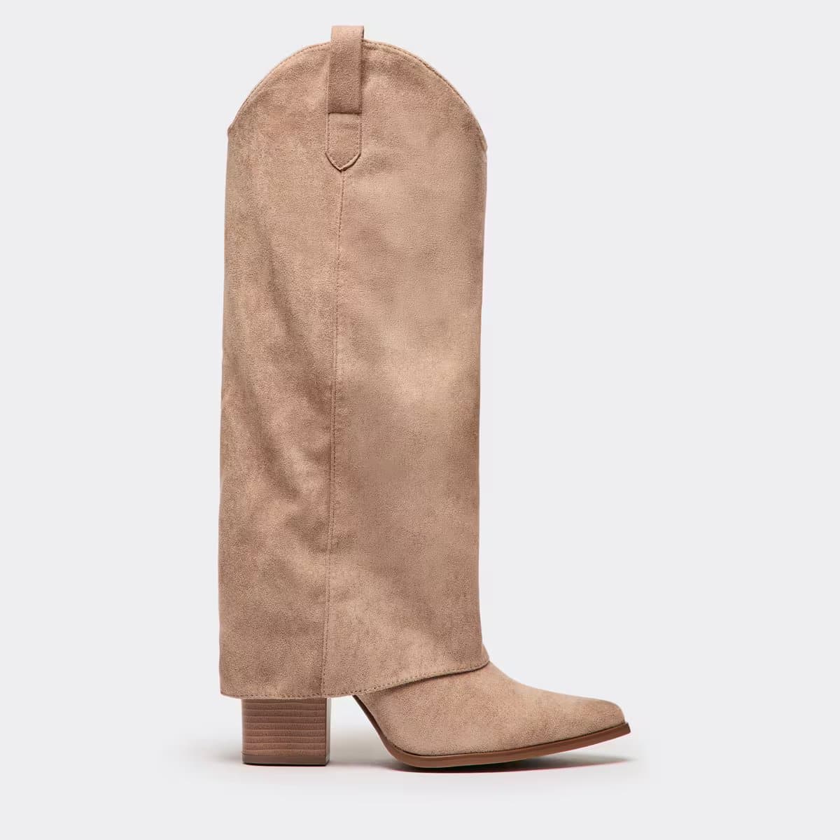 EGO Bosa Layered Pointed Toe Knee High Heeled Boot In Taupe Faux Suede, Women's Size UK 3