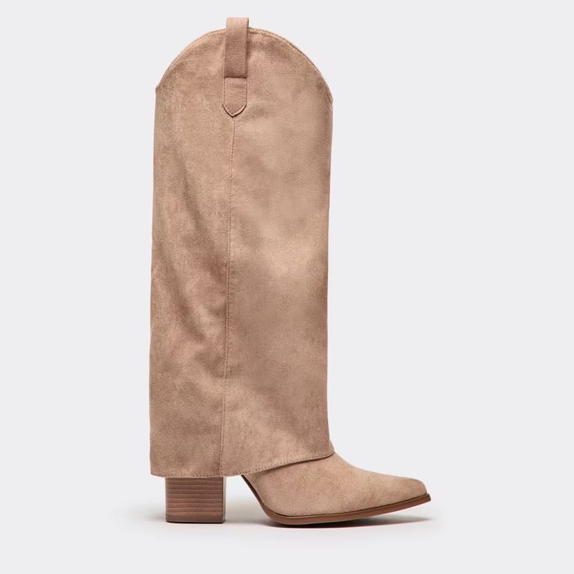 EGO Bosa Layered Pointed Toe Knee High Heeled Boot In Taupe Faux Suede, Women's Size UK 3 - 1