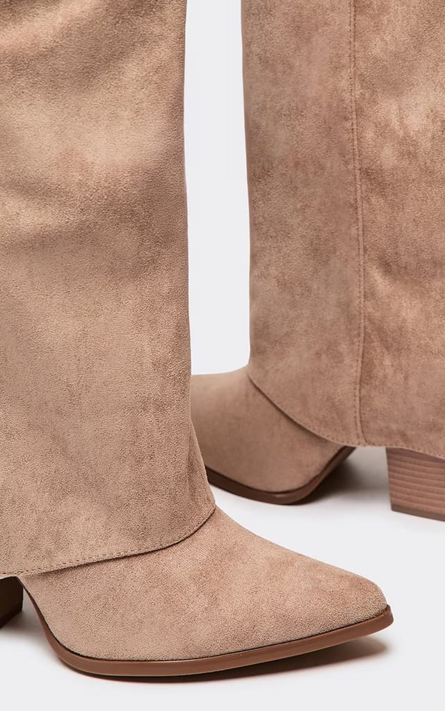 EGO Bosa Layered Pointed Toe Knee High Heeled Boot In Taupe Faux Suede, Women's Size UK 3 - 2