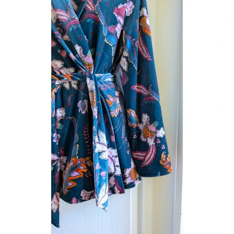 Monsoon Monsoon Rosie Teal Blue Floral Velvet Occasion Blazer Kimono Coat Size S/M