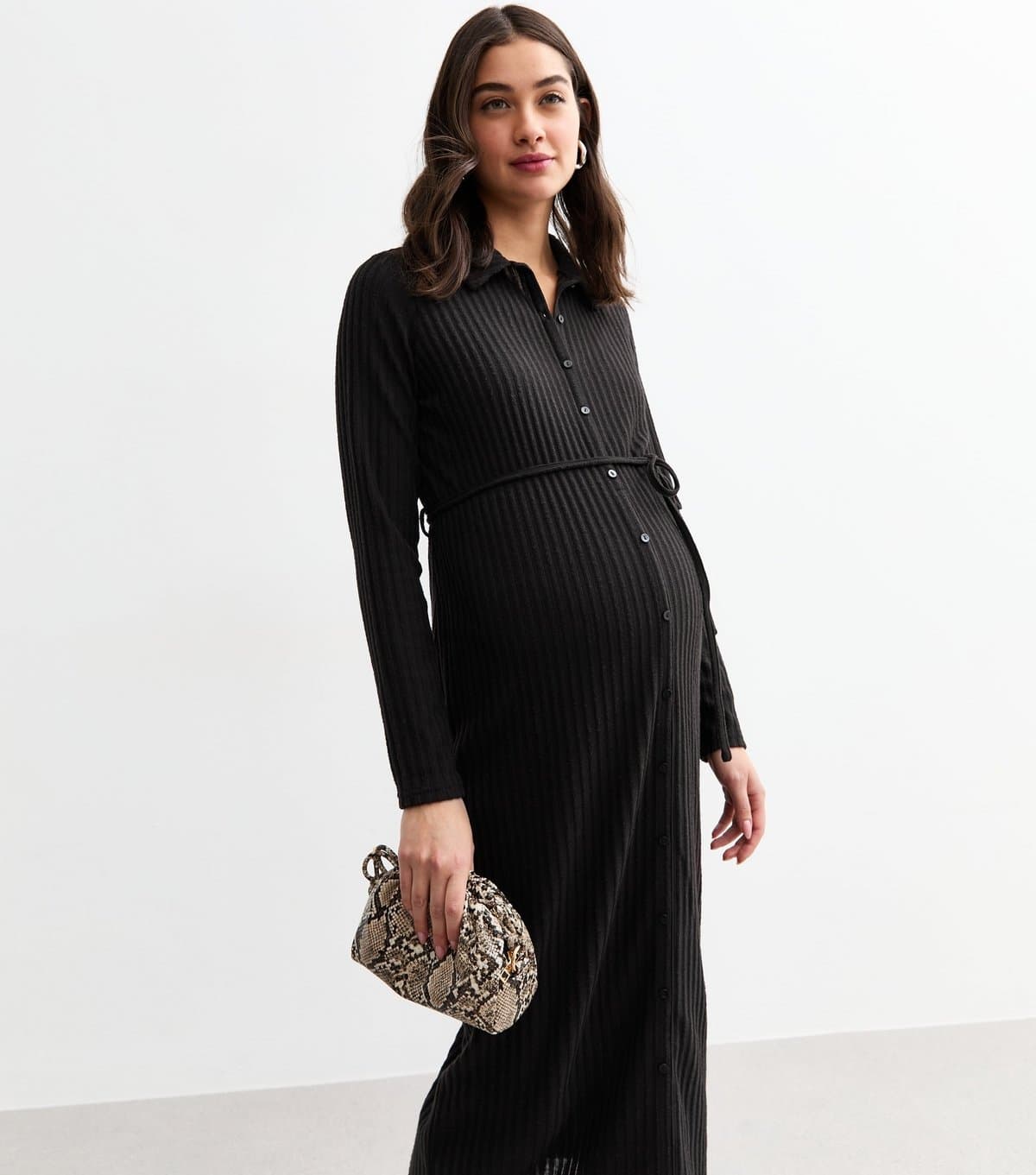 New Look Women's Maternity Black Ribbed Belted Midi Dress New Look