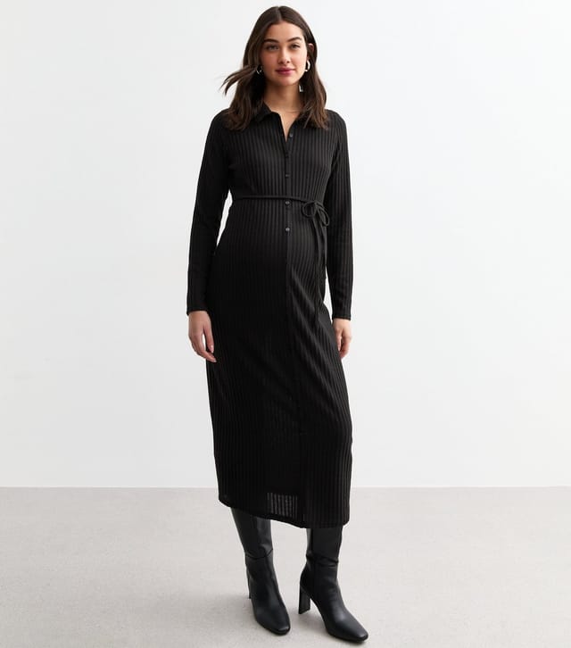 New Look Women's Maternity Black Ribbed Belted Midi Dress New Look - 2