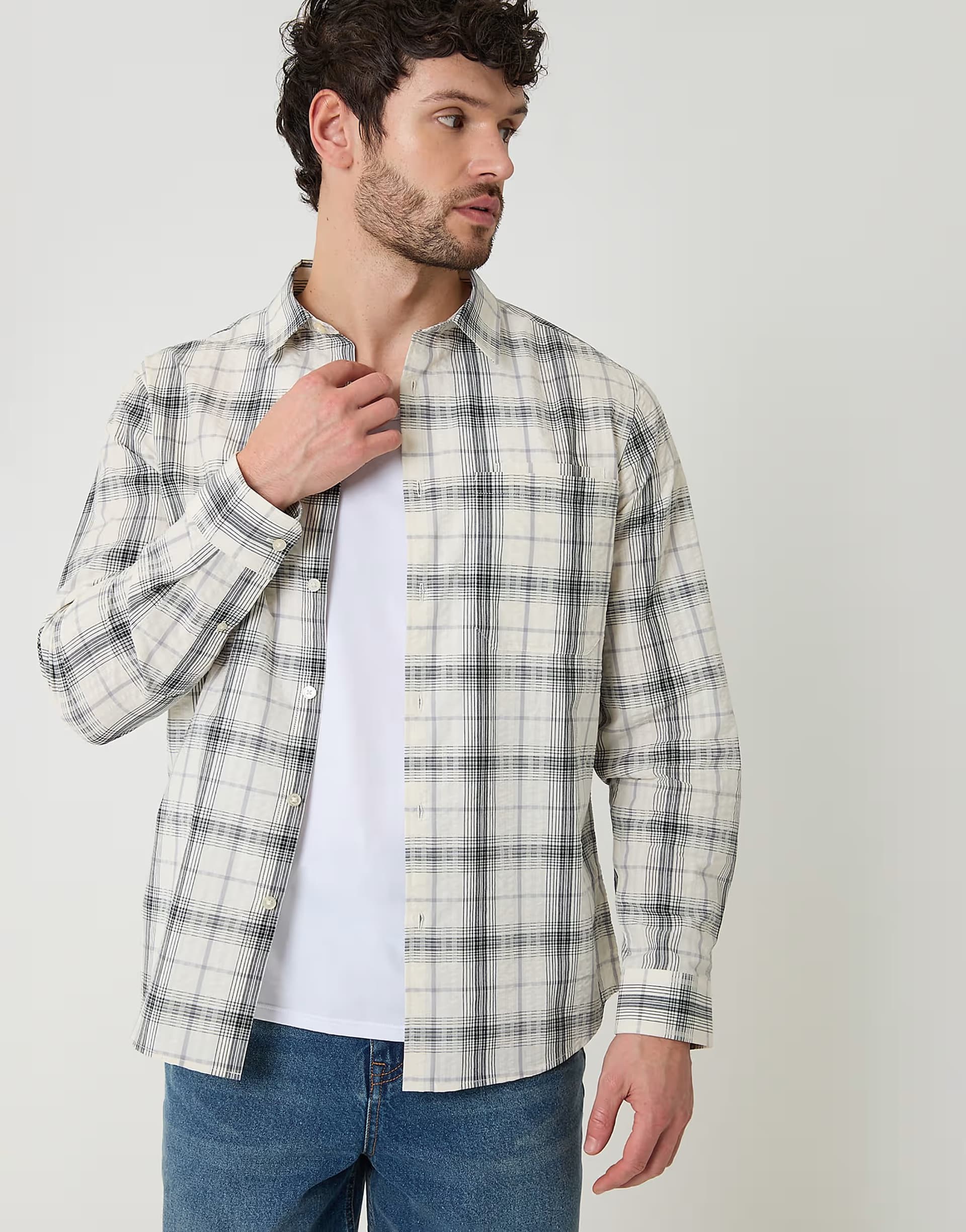 ASOS Threadbare Check cotton long sleeve shirt in stone