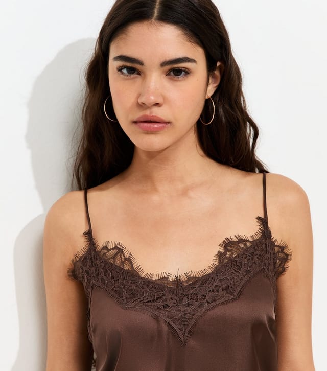 New Look Women's Dark Brown Satin Asymmetric Lace Hem Cami Top New Look - 3