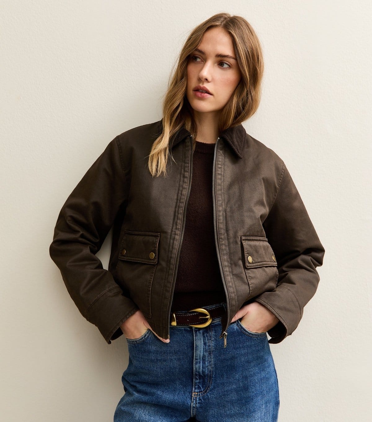 New Look Brown Waxed Corduroy Collar Barn Jacket