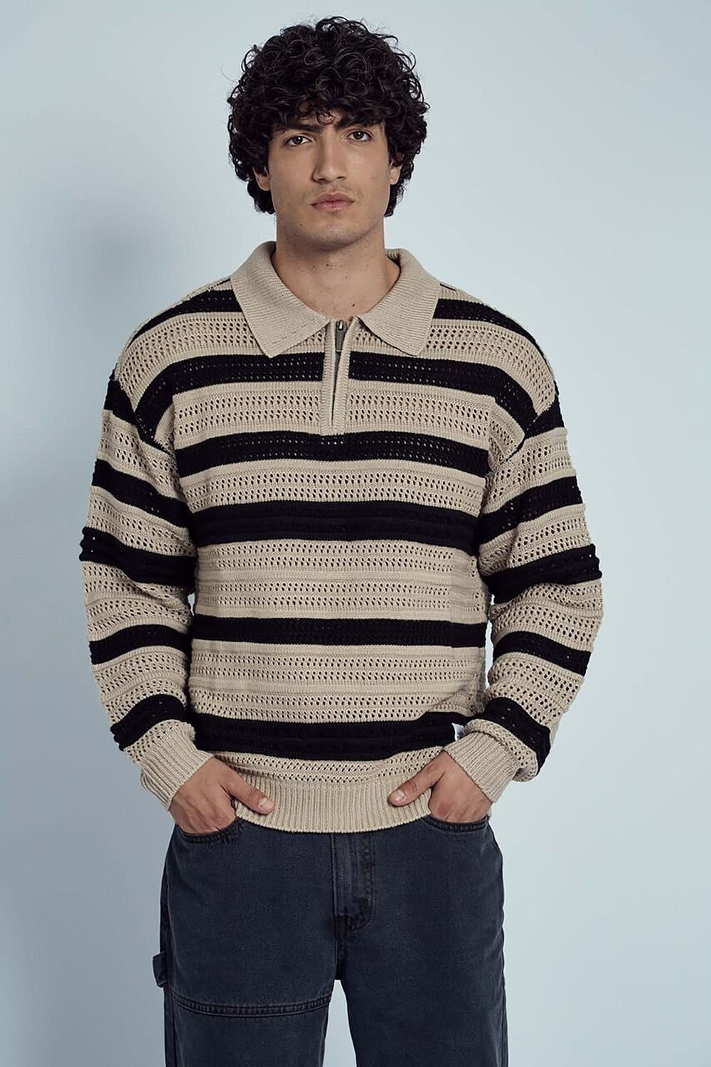 Native Youth Native Youth Men's Crochet Striped Knit Long Sleeve Zip Collared Jumper in Black