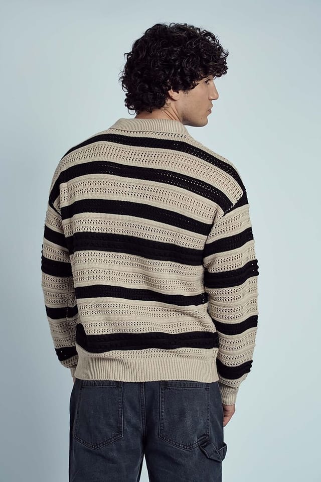 Native Youth Native Youth Men's Crochet Striped Knit Long Sleeve Zip Collared Jumper in Black - 2