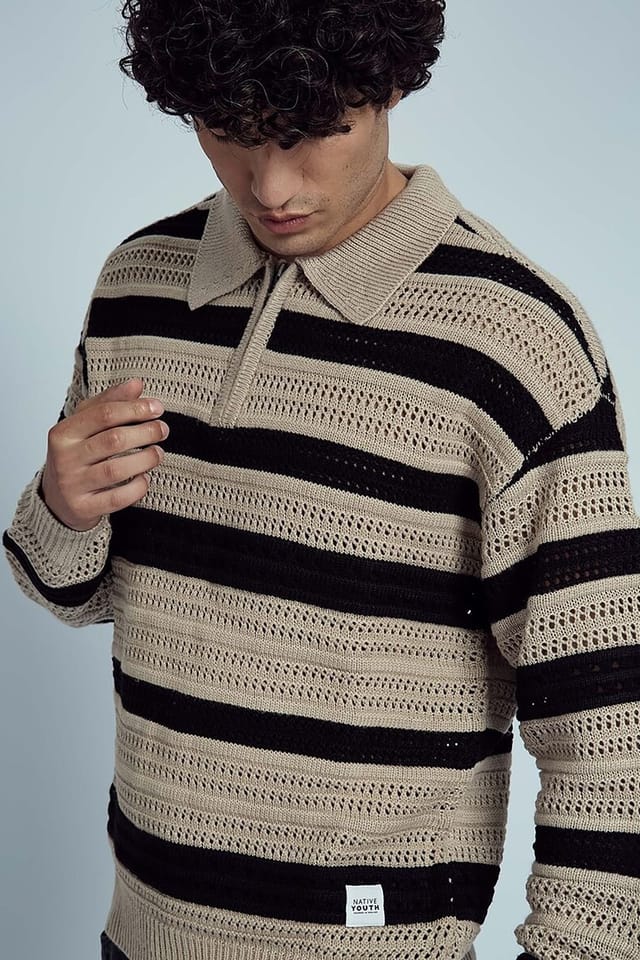Native Youth Native Youth Men's Crochet Striped Knit Long Sleeve Zip Collared Jumper in Black - 3