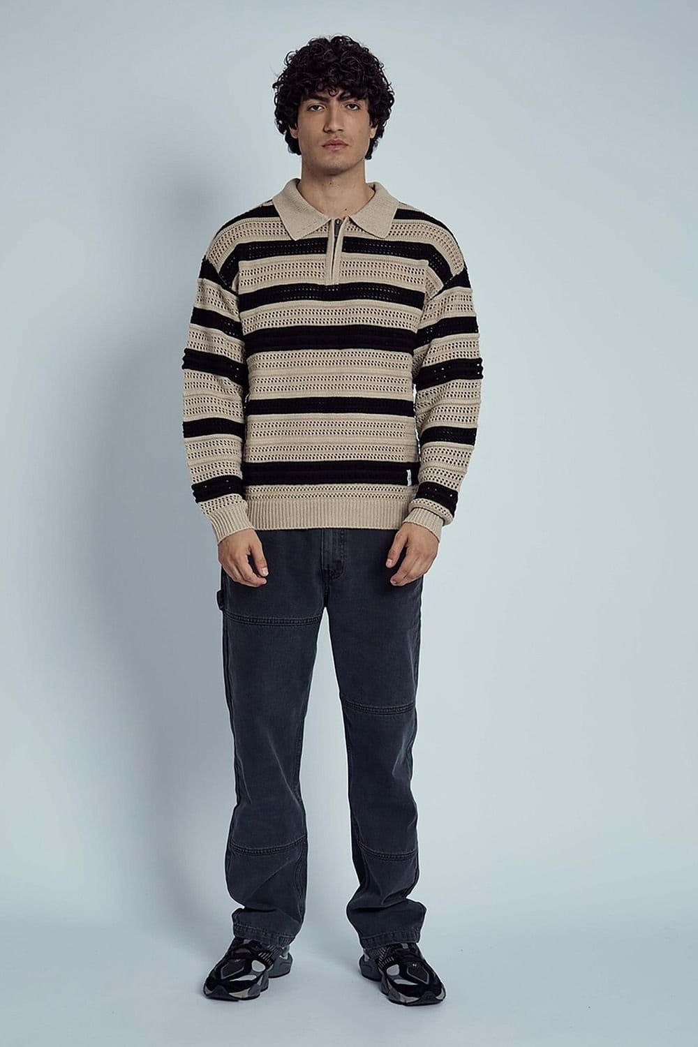 Native Youth Native Youth Men's Crochet Striped Knit Long Sleeve Zip Collared Jumper in Black - 4