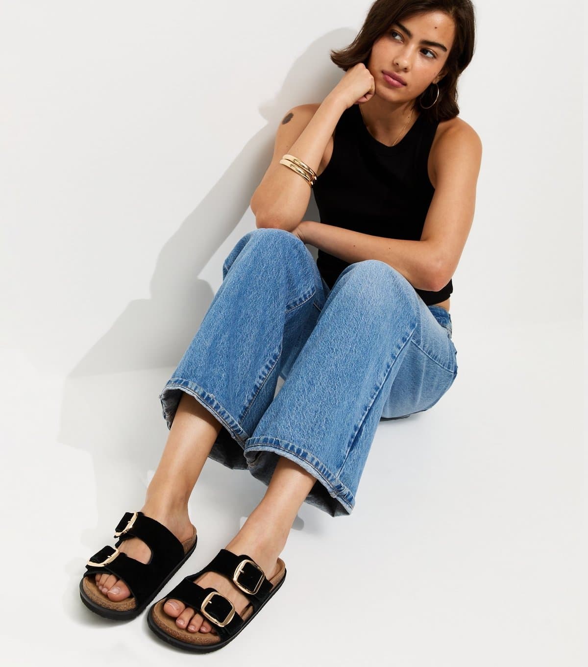 New Look Women's Premium Real Leather Black Real Suede Buckled Strap Sandals New Look