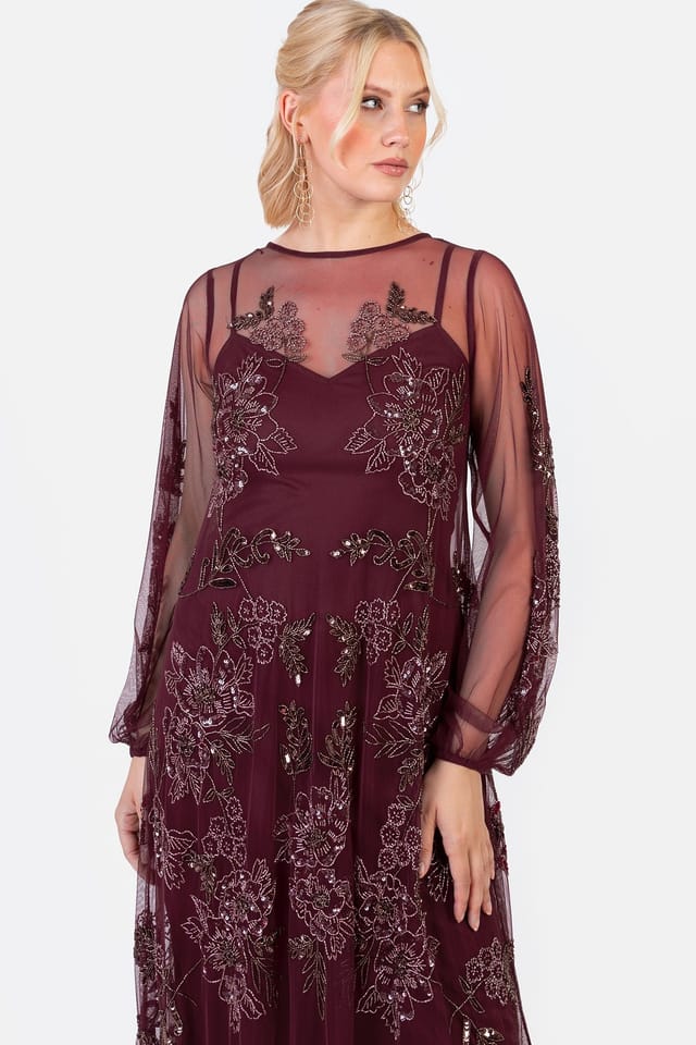 Maya Deluxe Maya Deluxe Women's Embellished Long Sleeve Trapeze Maxi Dress in Red - 3