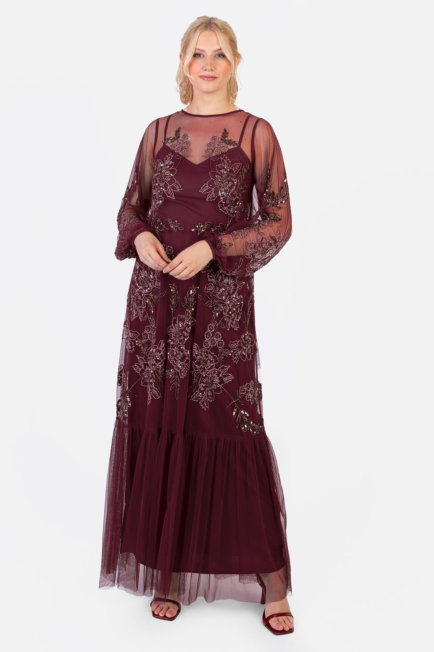 Maya Deluxe Maya Deluxe Women's Embellished Long Sleeve Trapeze Maxi Dress in Red - 4