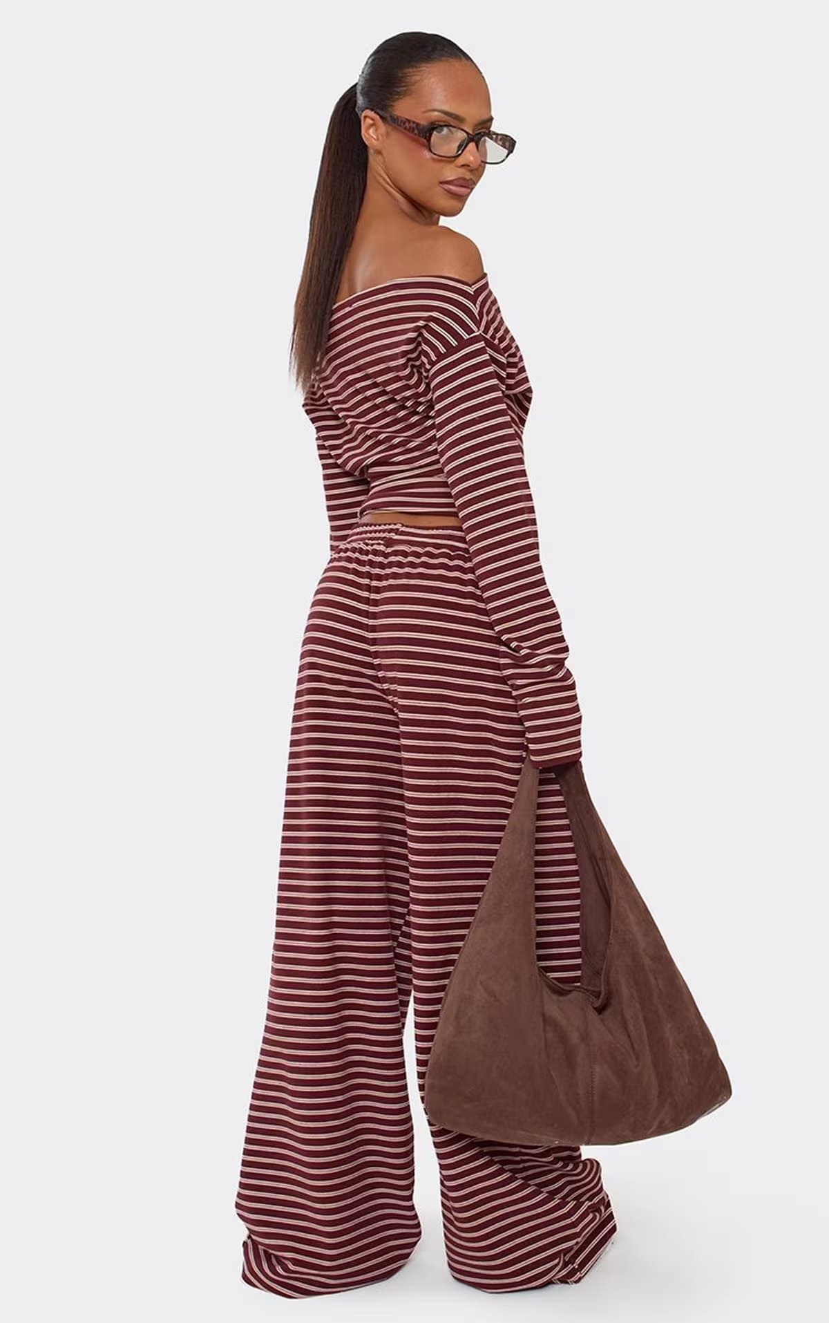 EGO Mid Rise Straight Leg Joggers In Burgundy Soft Stripe, Women's Size UK 10