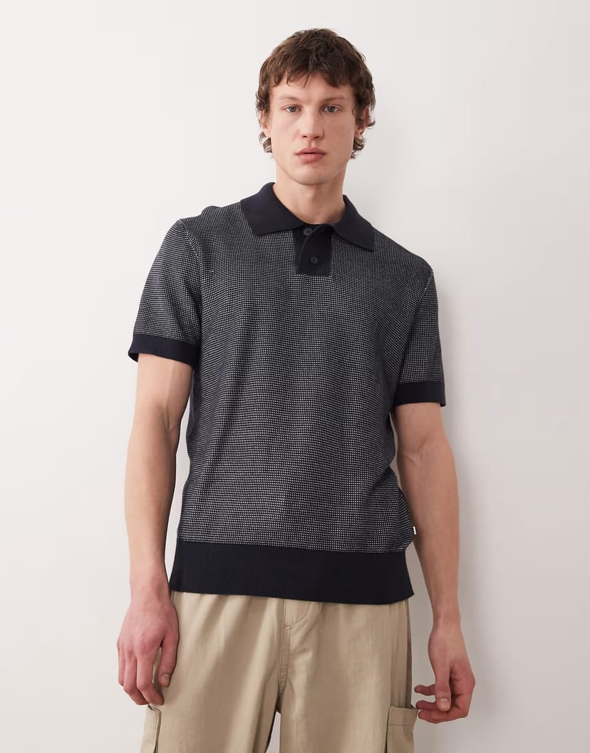 ASOS Farah Birch short sleeve knitted logo polo shirt in navy - 1