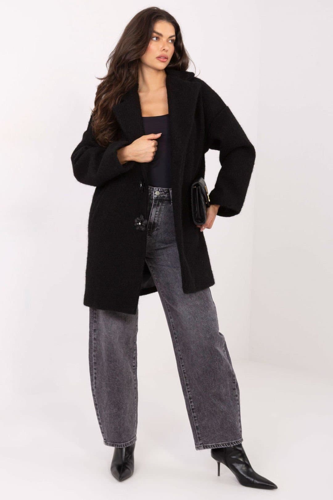 Love Lace Love Lace Black Textured Knee Length Coat with Brooch