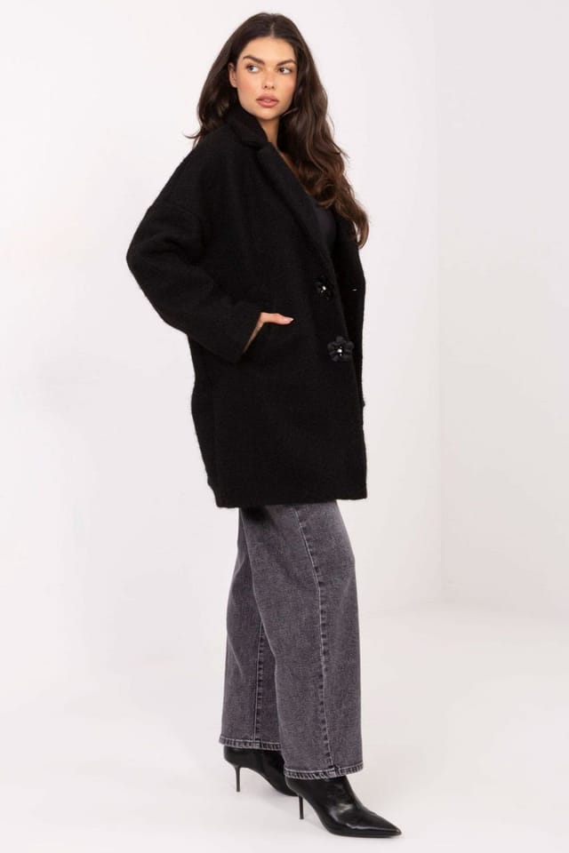Love Lace Love Lace Women's Transitional Textured Knee Length Coat with Brooch in Black - 2