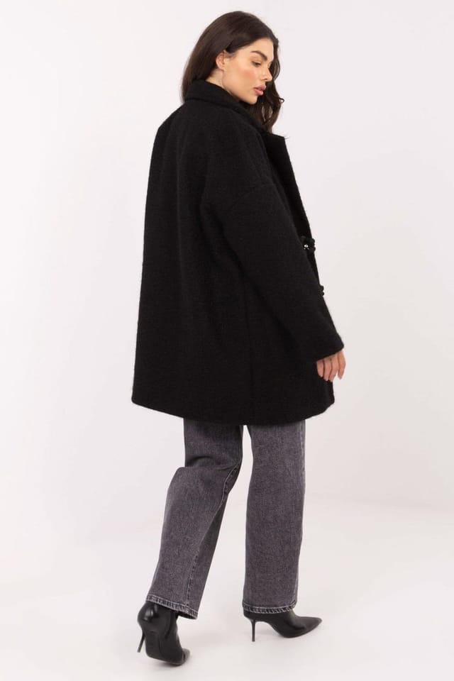 Love Lace Love Lace Women's Transitional Textured Knee Length Coat with Brooch in Black - 3