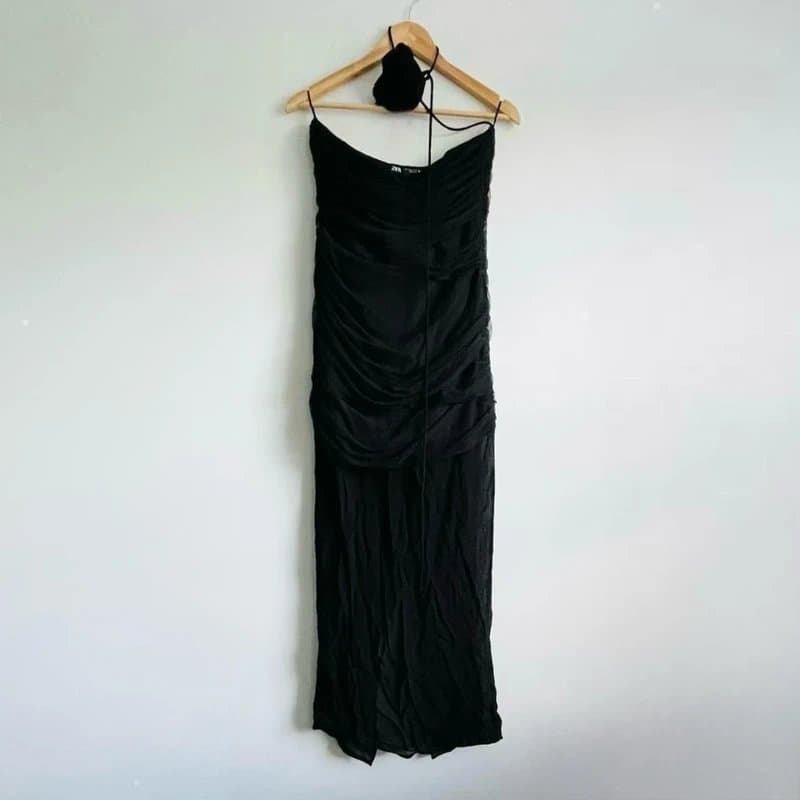 Zara Zara black long tulle strapless dress with flower detail - Large / UK 12