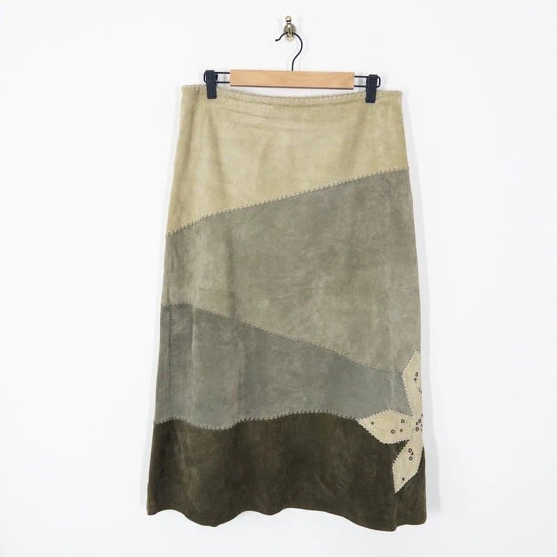 Wallis Wallis Vintage Suede Leather Midi Skirt Size 14 Patchwork Boho y2k Whipstitch