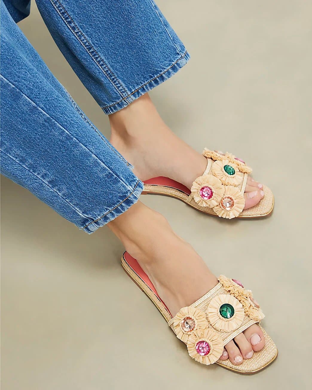 River Island River Island Womens Beige Flower Raffia Flat Sandals