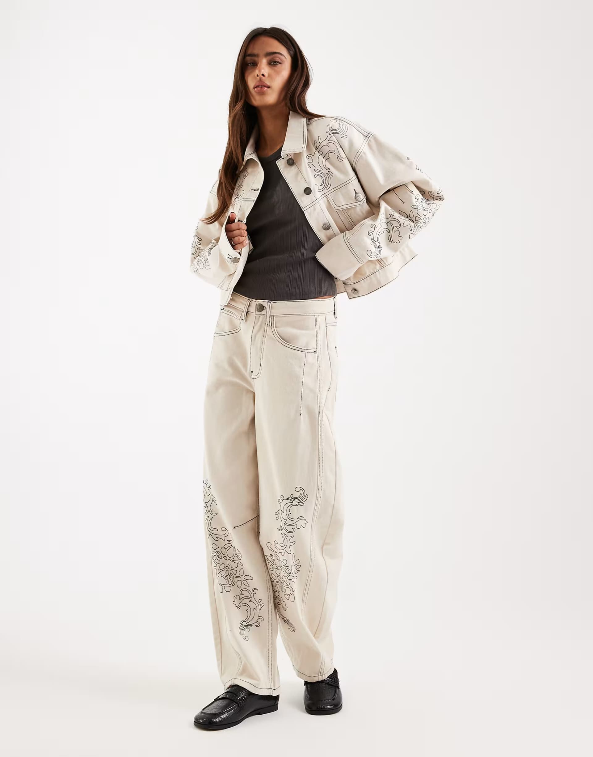 ASOS Daisy Street mid rise barrel leg embroidered jean in cream co-ord