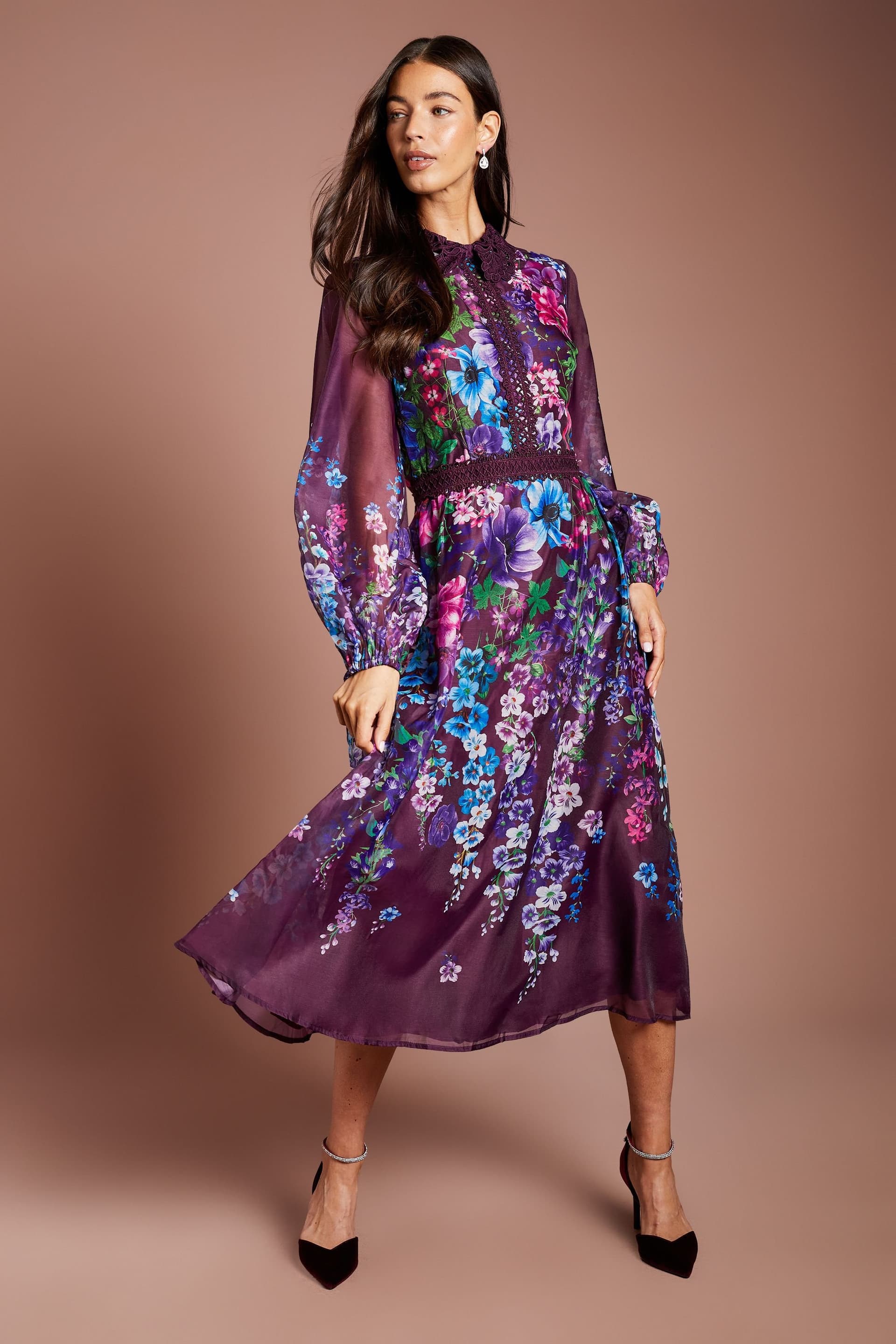 Coast Coast Women's Lace Trim Printed Organza Midi Dress in Fig