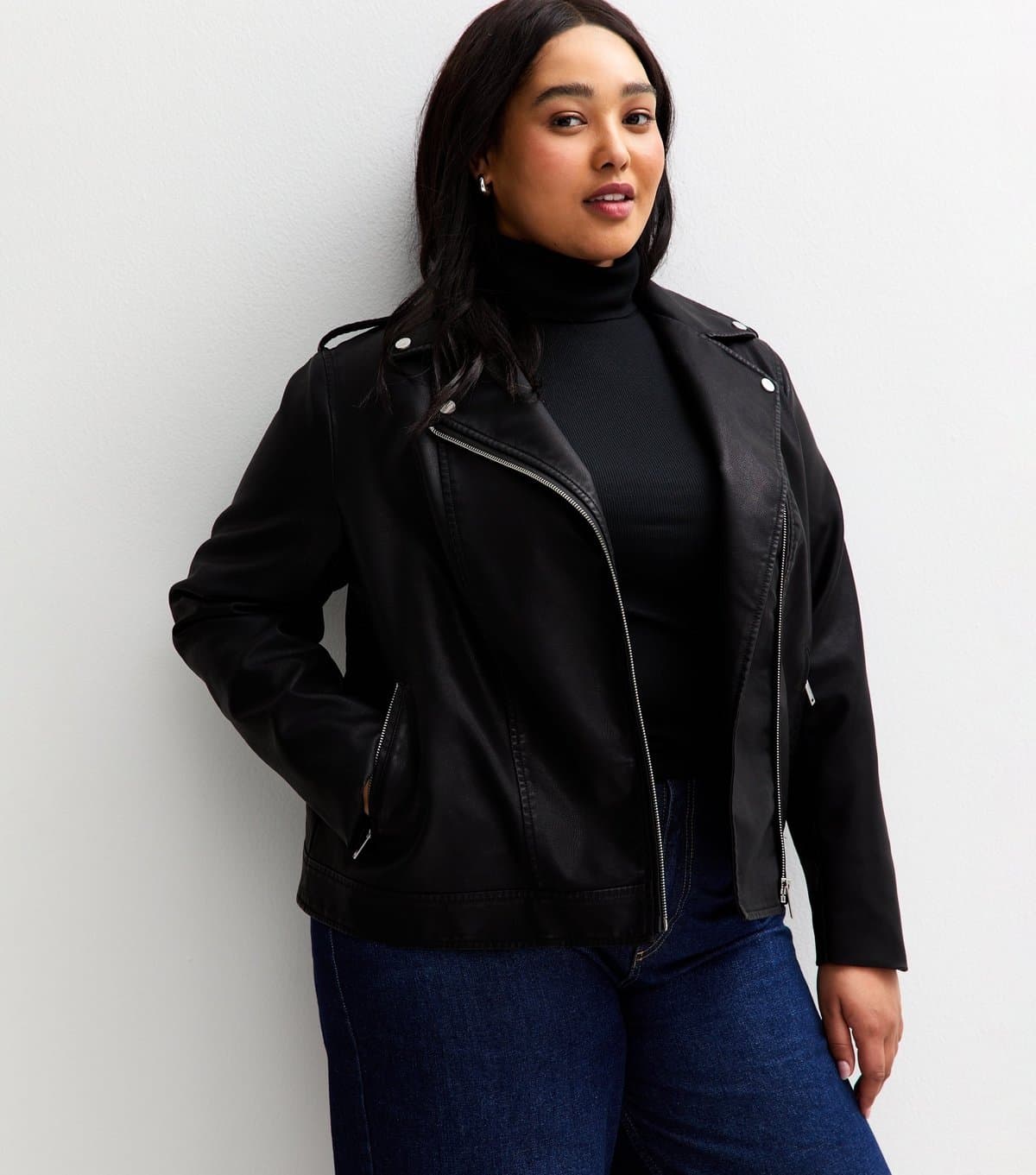 New Look Women's Plus Size Black Faux Leather Biker Jacket Curves New Look