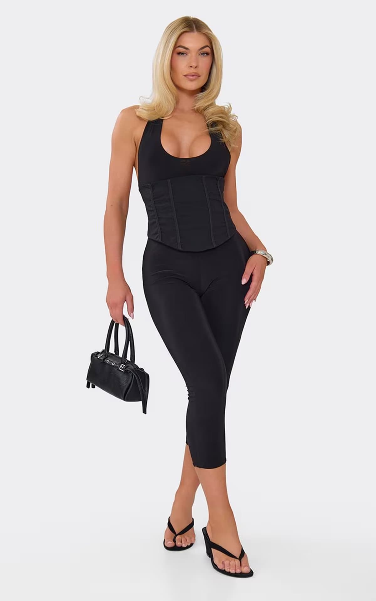 EGO Halterneck Plunge Front Corseted Capri Jumpsuit In Black, Women's Size UK 8