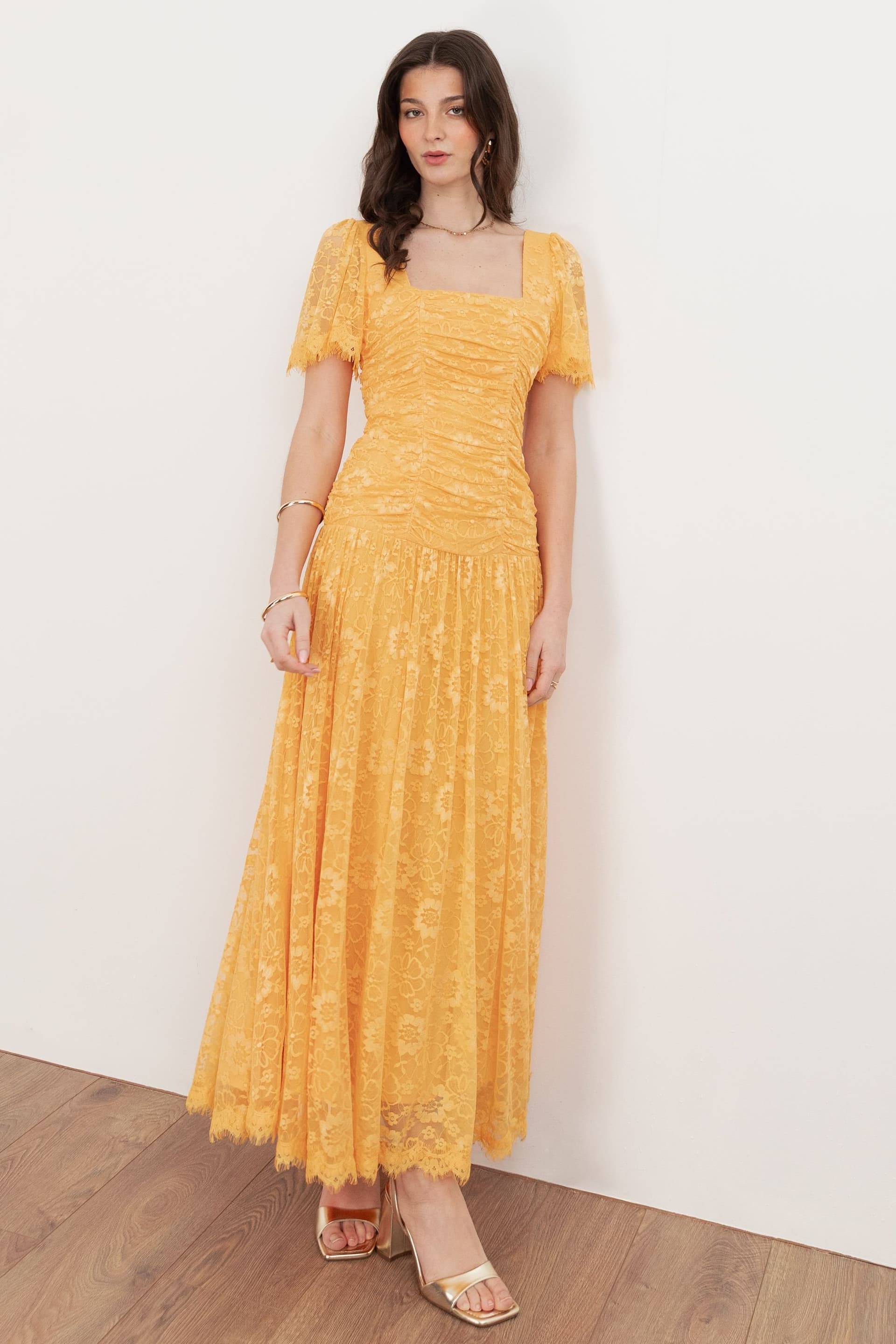 Maya Deluxe Maya Deluxe Women's Square Neck Angel Sleeve Lace Midaxi Dress in Yellow