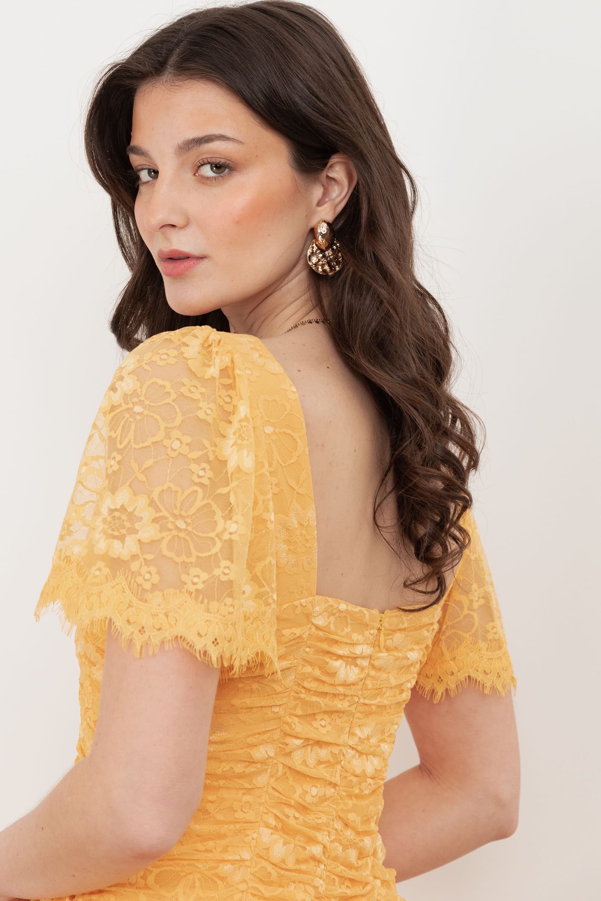 Maya Deluxe Maya Deluxe Women's Square Neck Angel Sleeve Lace Midaxi Dress in Yellow - 4