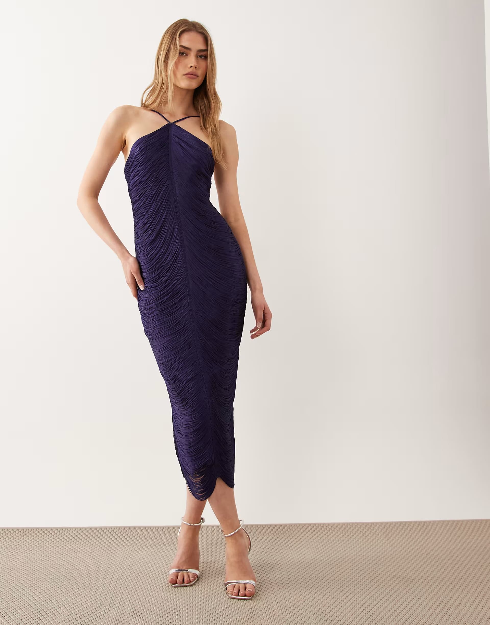ASOS Mango Capsule tassle halterneck midi dress in deep blue