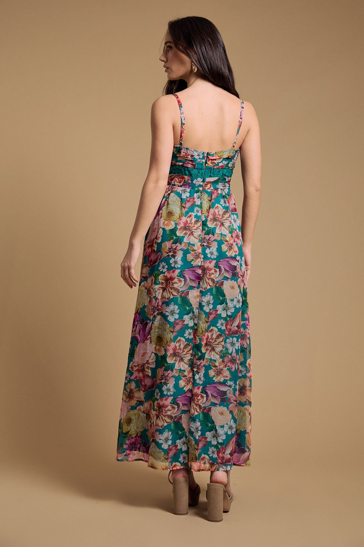 Oasis Oasis Women's Lace Panelled Waist Pleated Maxi Dress in Green - 3