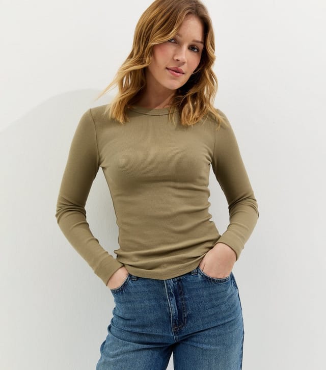 New Look Women's Light Khaki Ribbed Crew Neck Long Sleeve Top New Look - 2