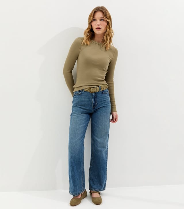New Look Women's Light Khaki Ribbed Crew Neck Long Sleeve Top New Look - 3