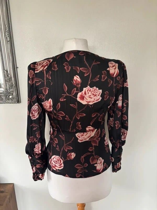 Zara Zara black, burgundy and pink rose print satin blouse - size M 8-10