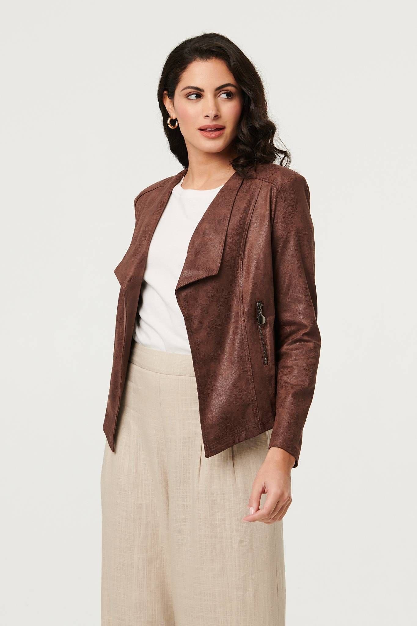 Izabel London Izabel London Women's Faux Leather Waterfall Front Crop Jacket in Brown