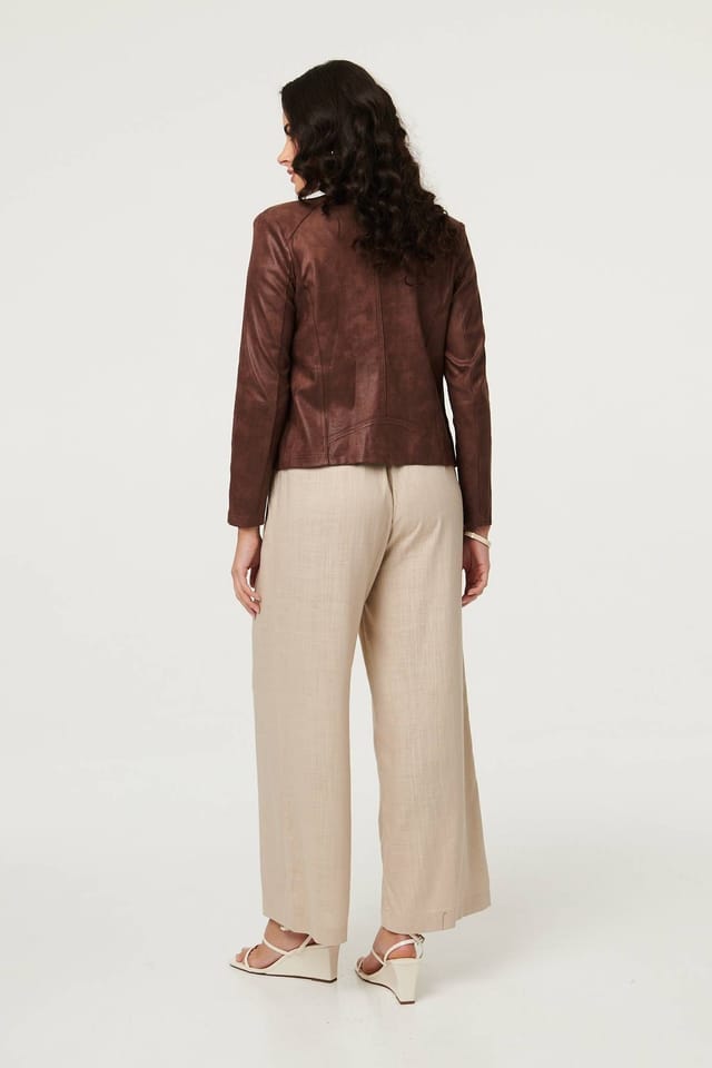 Izabel London Izabel London Women's Faux Leather Waterfall Front Crop Jacket in Brown - 3