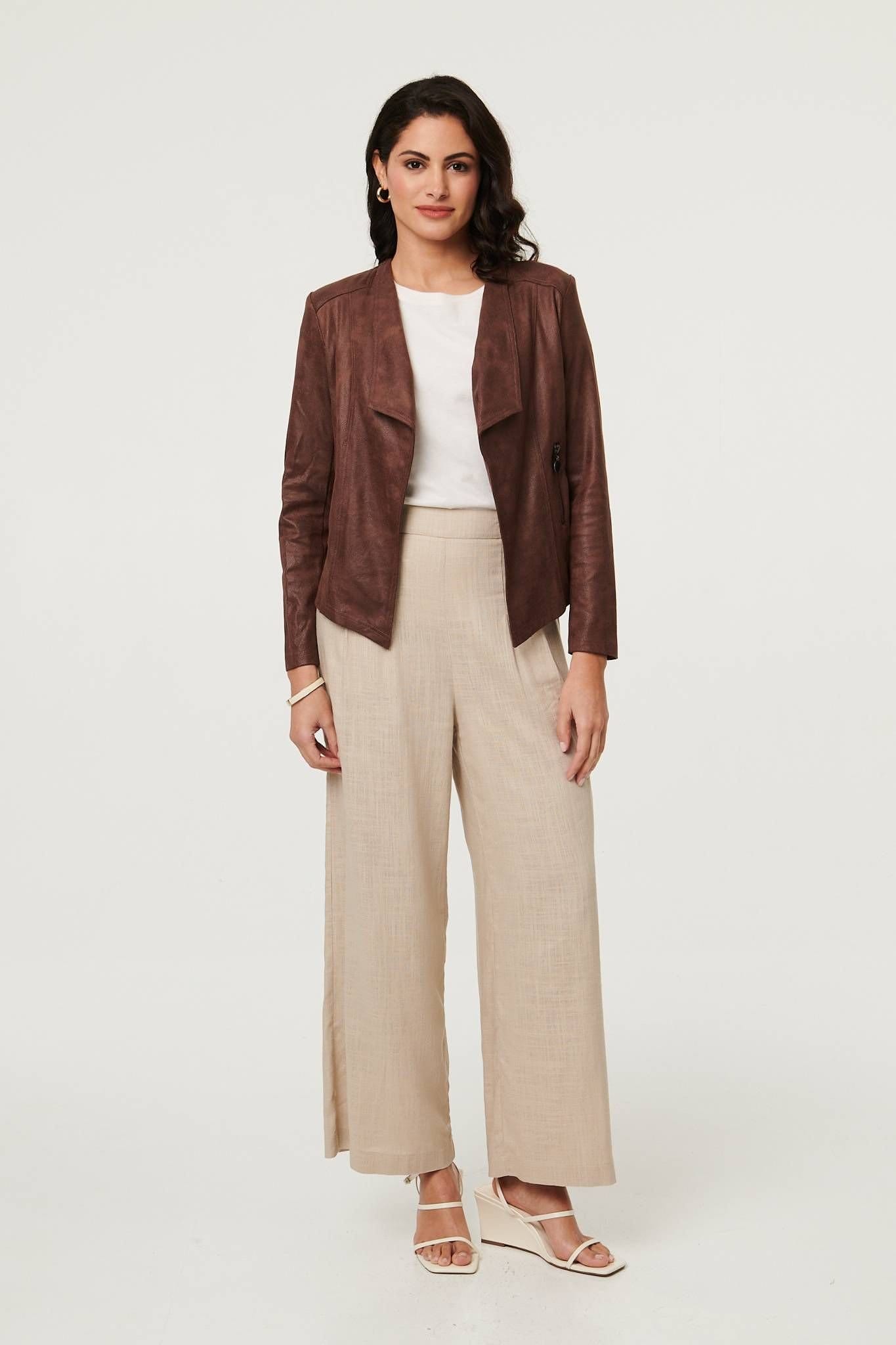 Izabel London Izabel London Women's Faux Leather Waterfall Front Crop Jacket in Brown - 4