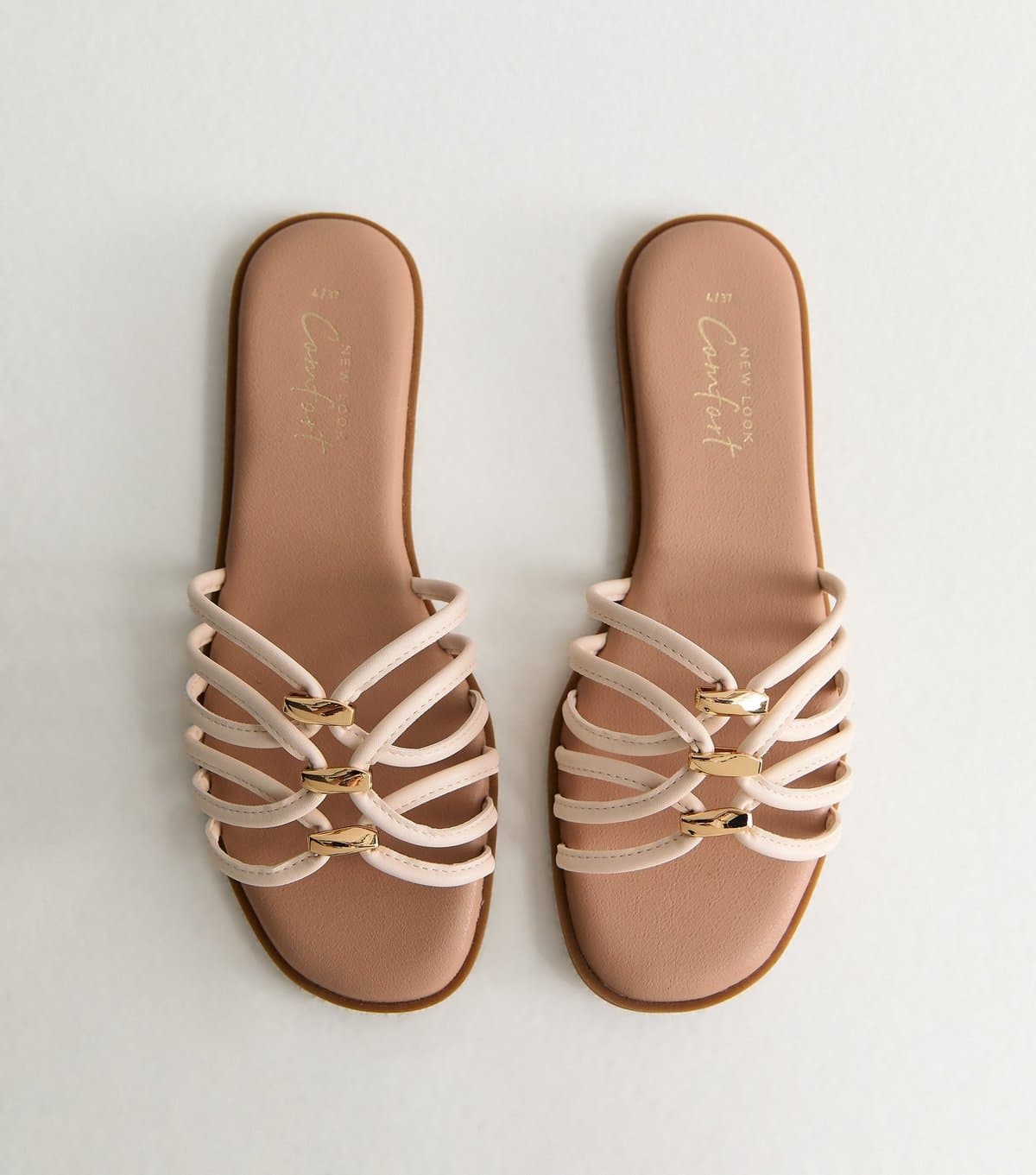 New Look Women's Off White Faux Leather Strappy Hardware Mule Sandals Vegan New Look