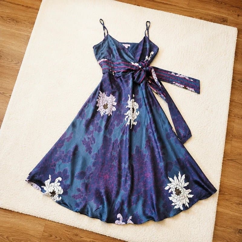 Monsoon Monsoon beautiful Vintage 100% silk dusty steel blue floral occasion party wedding dress UK 10