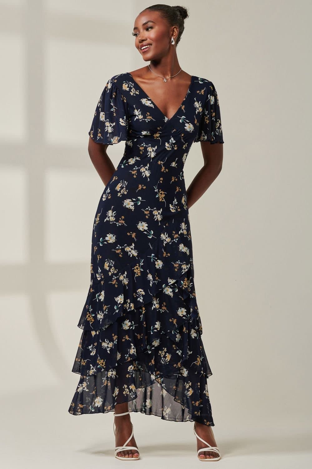Jolie Moi Jolie Moi Women's Angel Sleeve Tiered Hem Maxi Dress in Navy