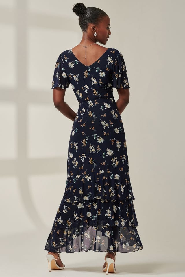 Jolie Moi Jolie Moi Women's Angel Sleeve Tiered Hem Maxi Dress in Navy - 2