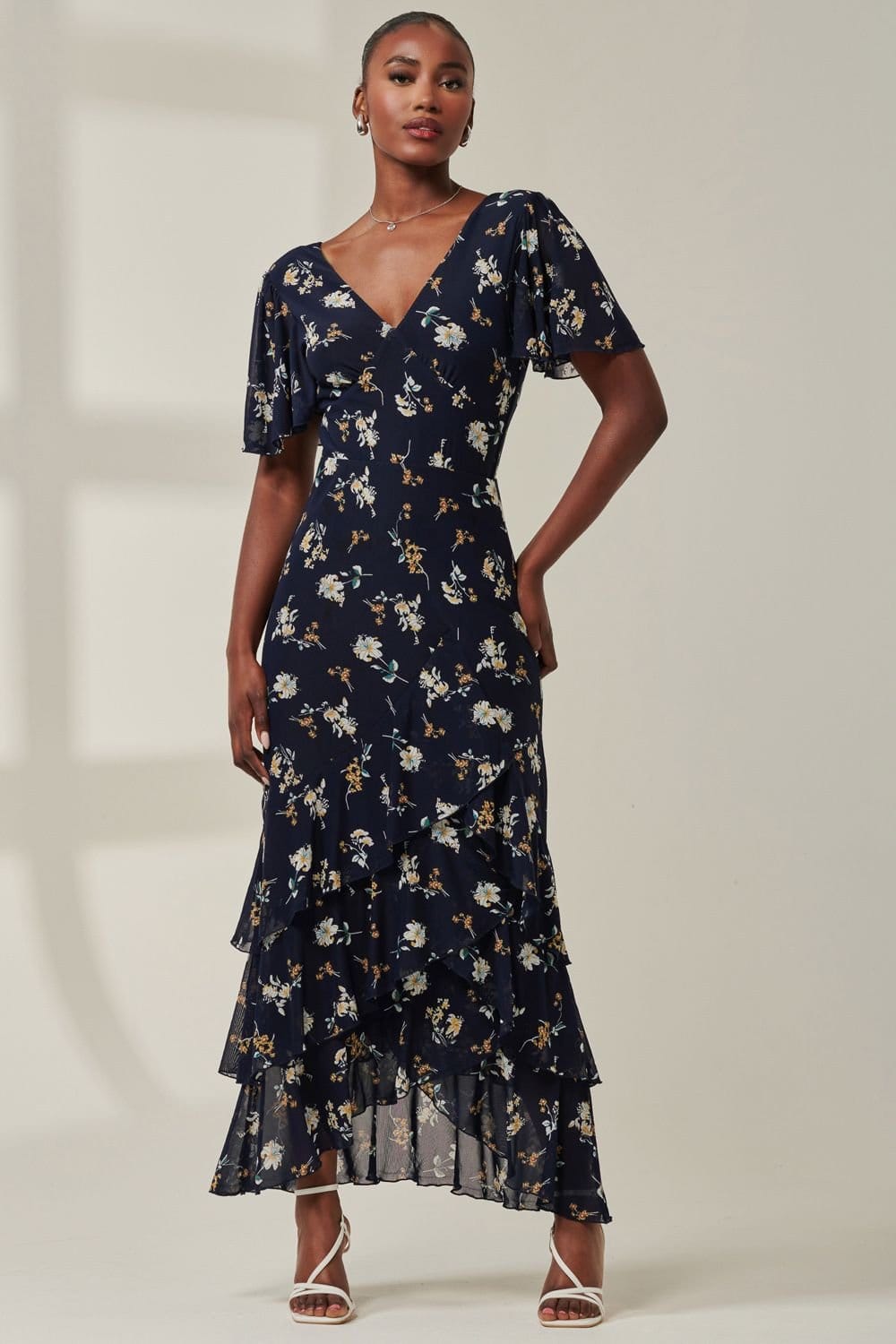 Jolie Moi Jolie Moi Women's Angel Sleeve Tiered Hem Maxi Dress in Navy - 4