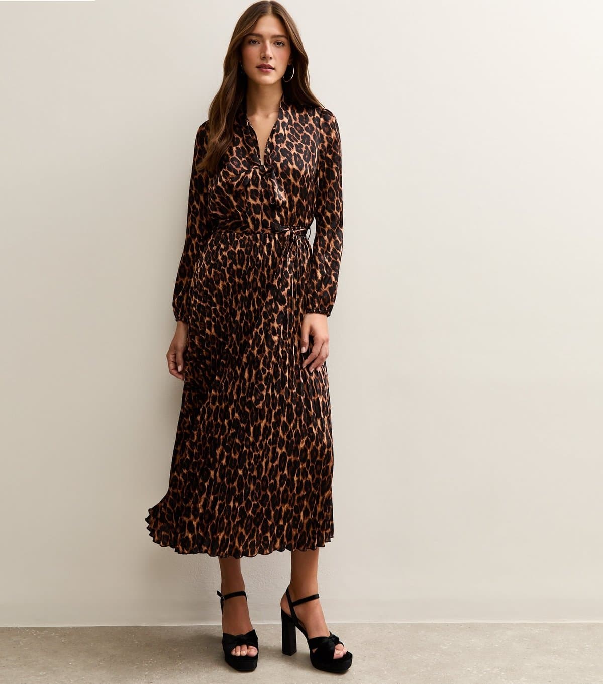 New Look Women's Dark Brown Animal Print Pleated Long Sleeve Midi Dress New Look