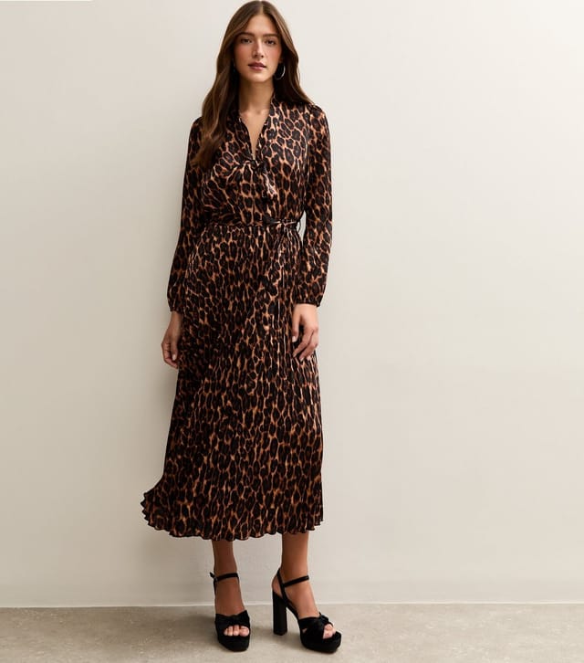 New Look Women's Dark Brown Animal Print Pleated Long Sleeve Midi Dress New Look - 2