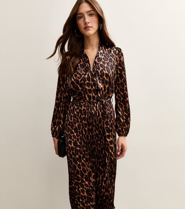 New Look Women's Dark Brown Animal Print Pleated Long Sleeve Midi Dress New Look - 3