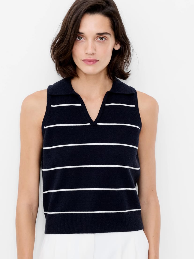 French Connection Sloane Knit Collared Slvls Top Marine/Porcelain Cream - 1